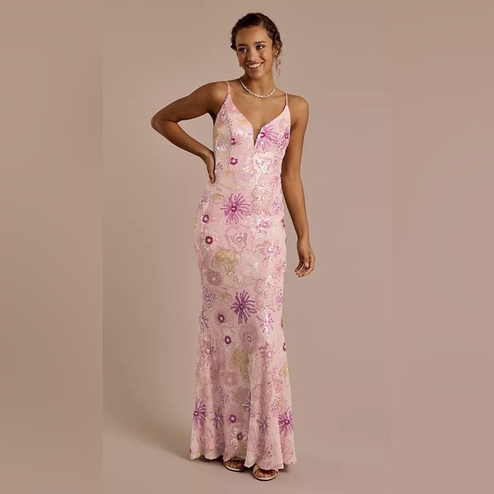 Jules & Cleo Sexy Floral Sequin Spaghetti Strap VNeck Sheath Maxi Dress (Size 4) - Picture 2 of 4